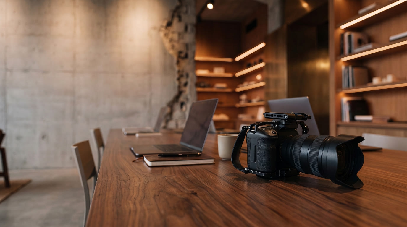Projeto conceitual de uma estação de trabalho com câmera de cinema e notebook sobre a madeira